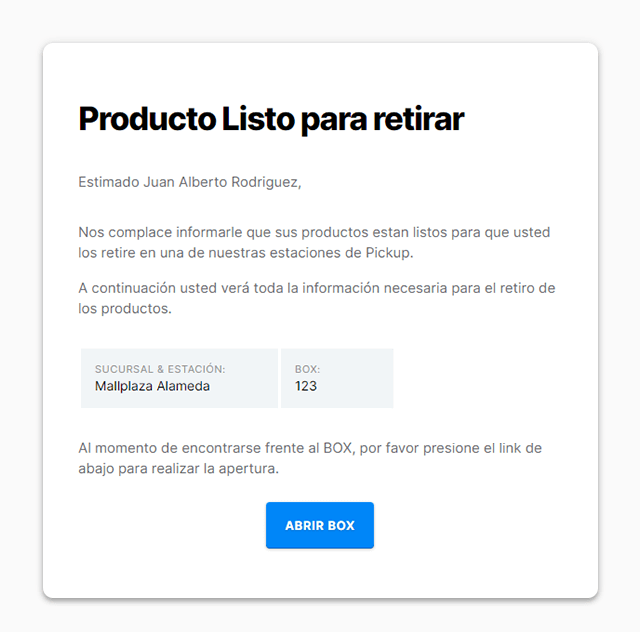Email avisando que el producto esta listo para retirar